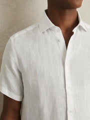Men Slim Fit Linen Button-Through Shirt in White