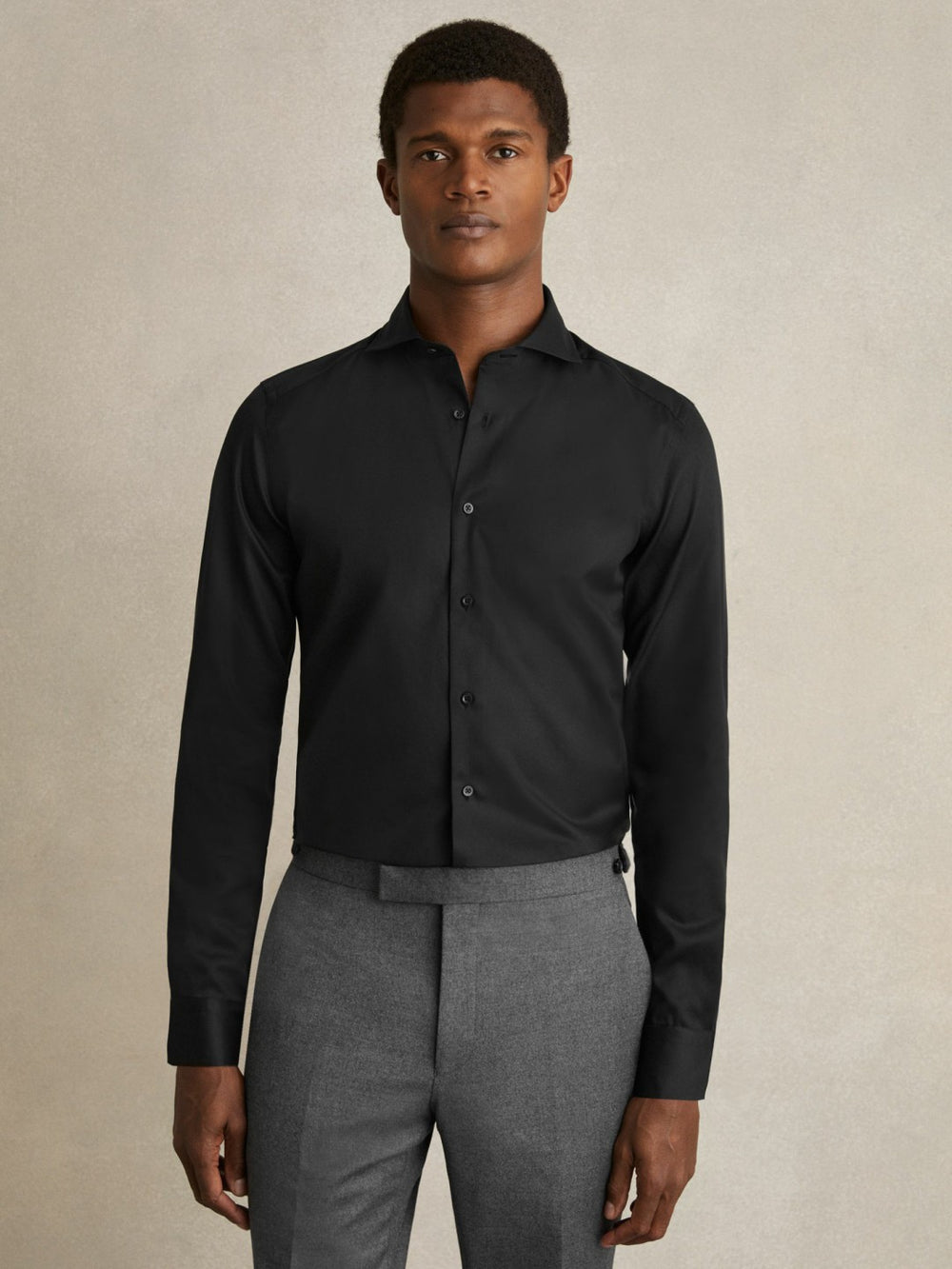 Men Slim Fit Cotton-Twill Two-Fold Shirt Slim-Fit in Black