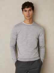 Men Merino Wool Crew Neck Jumper in Soft Grey Mouline