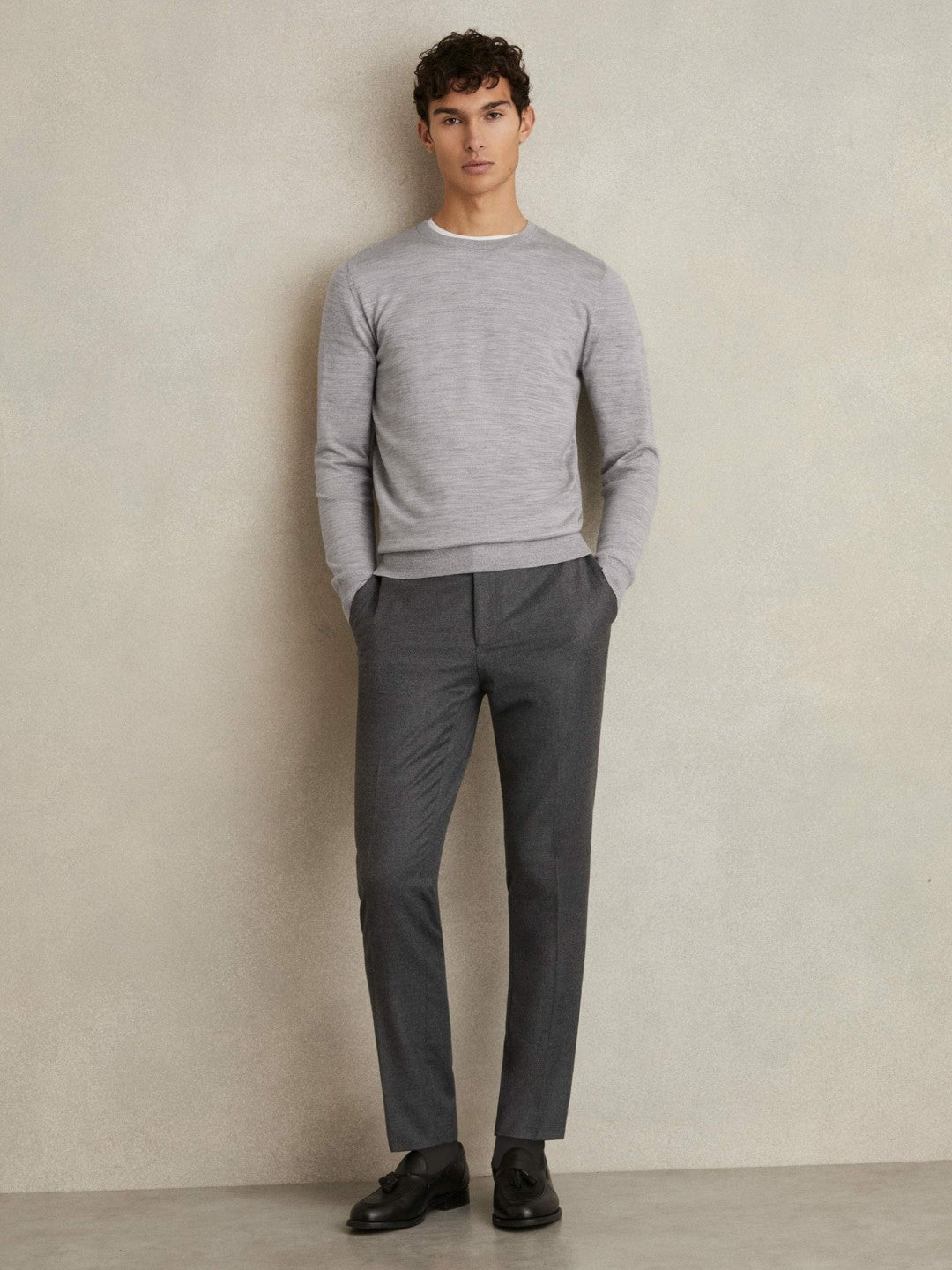 Men Merino Wool Crew Neck Jumper in Soft Grey Mouline