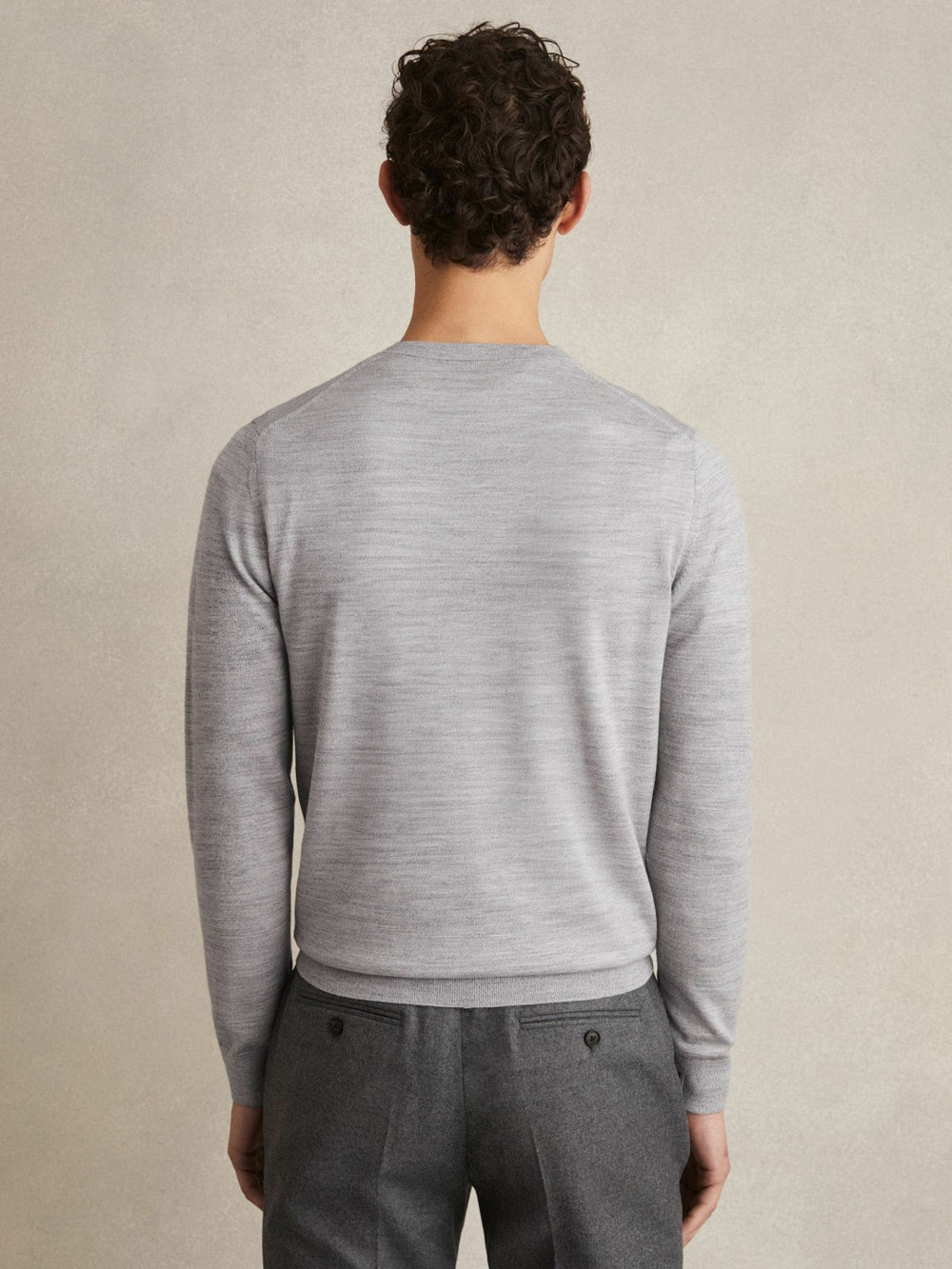 Men Merino Wool Crew Neck Jumper in Soft Grey Mouline