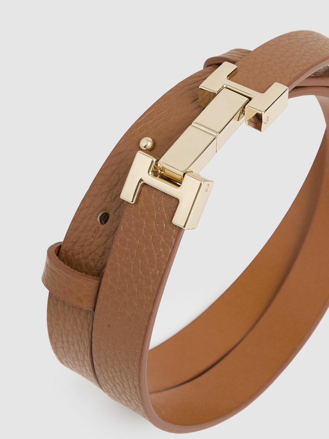 Women Leather Square Hinge Belt in Tan