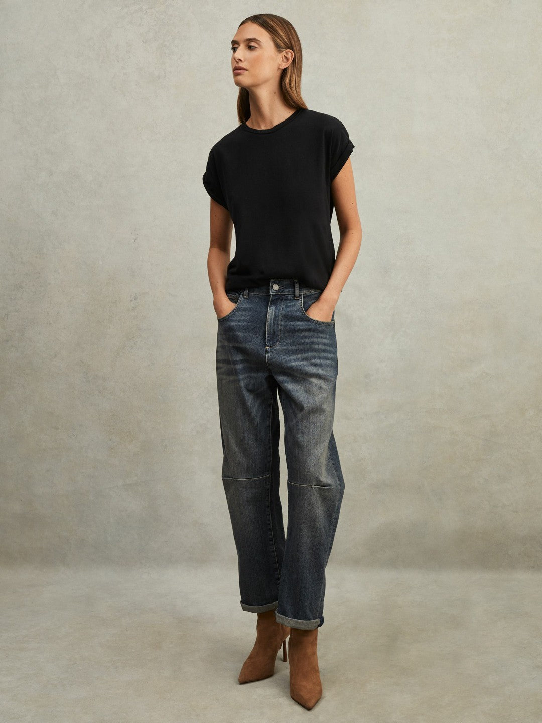 Women Cotton-Jersey Crew Neck T-Shirt in Black