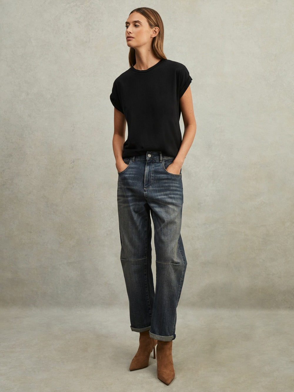 Women Cotton-Jersey Crew Neck T-Shirt in Black