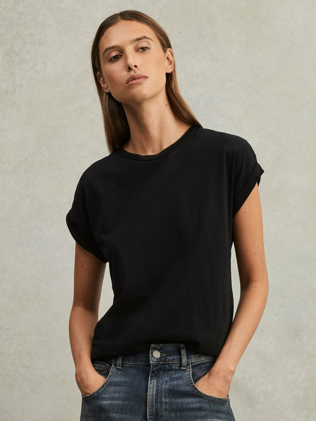 Women Cotton-Jersey Crew Neck T-Shirt in Black