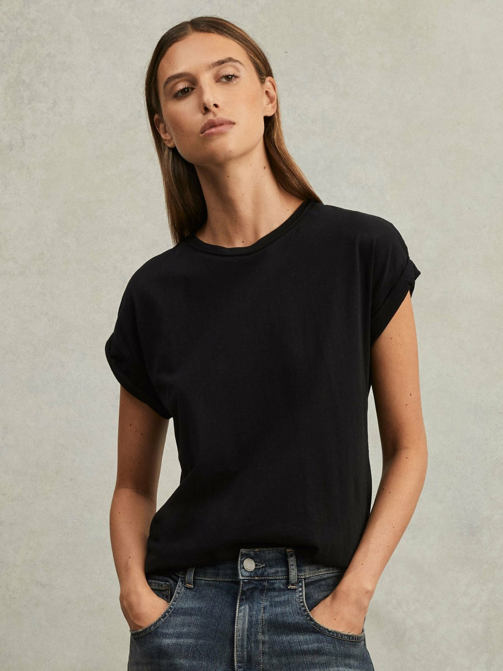 Women Cotton-Jersey Crew Neck T-Shirt in Black