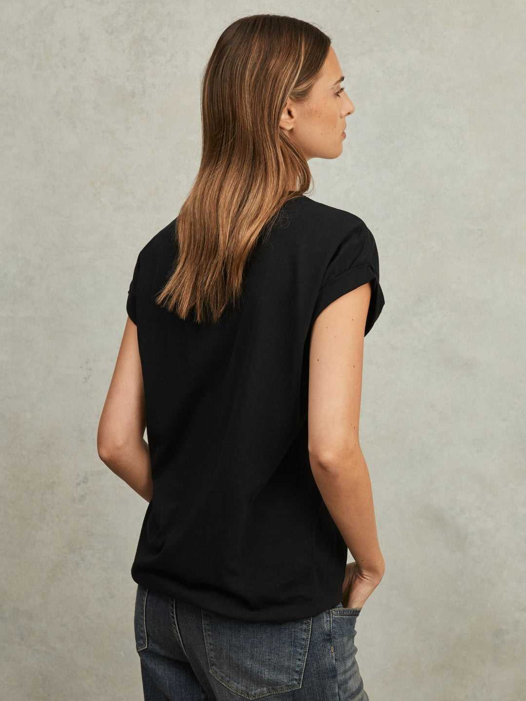 Women Cotton-Jersey Crew Neck T-Shirt in Black
