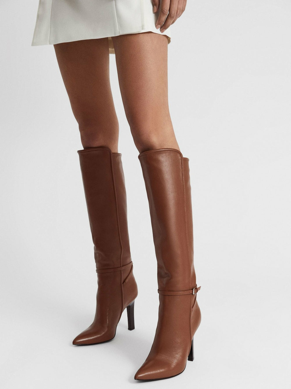 Women Leather Knee High Boots in Tan