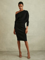 Women Off-The-Shoulder Ribbed Midi Dress in Black