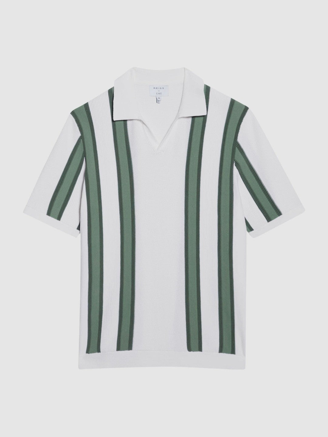 Men Open Collar Striped Polo T-Shirt in White/Sage