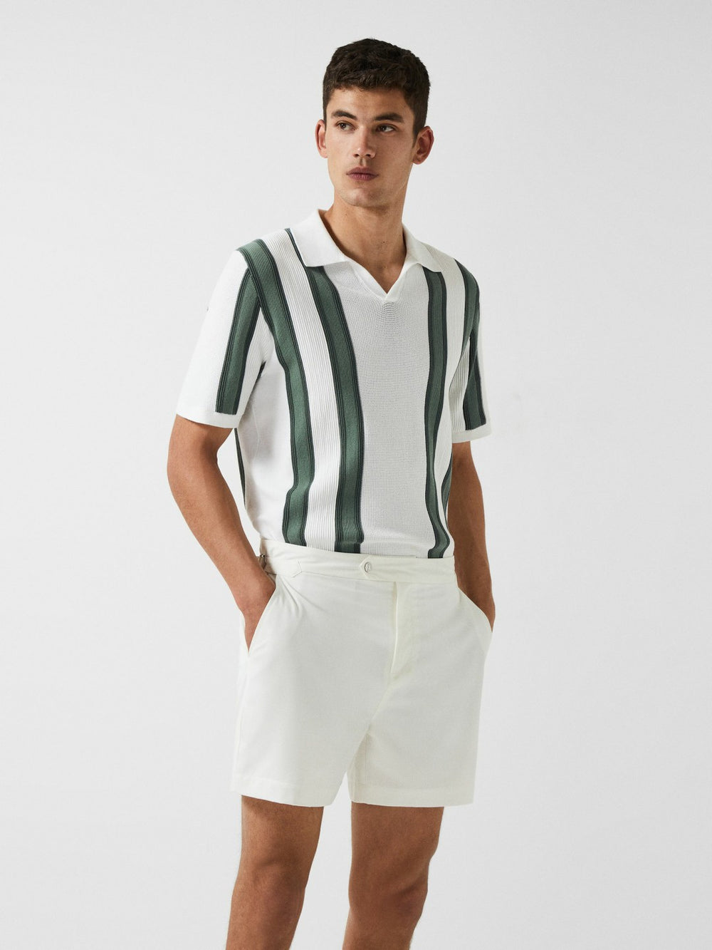 Men Open Collar Striped Polo T-Shirt in White/Sage