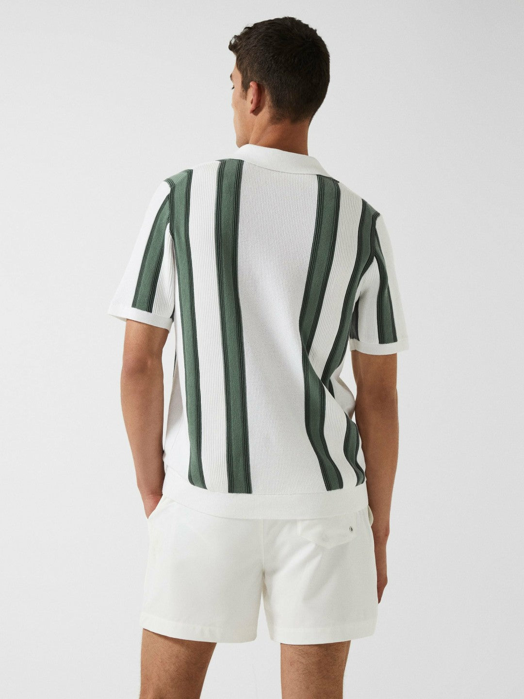 Men Open Collar Striped Polo T-Shirt in White/Sage