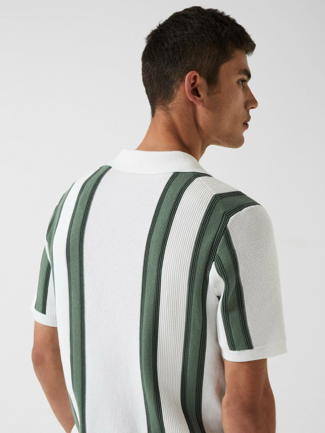 Men Open Collar Striped Polo T-Shirt in White/Sage