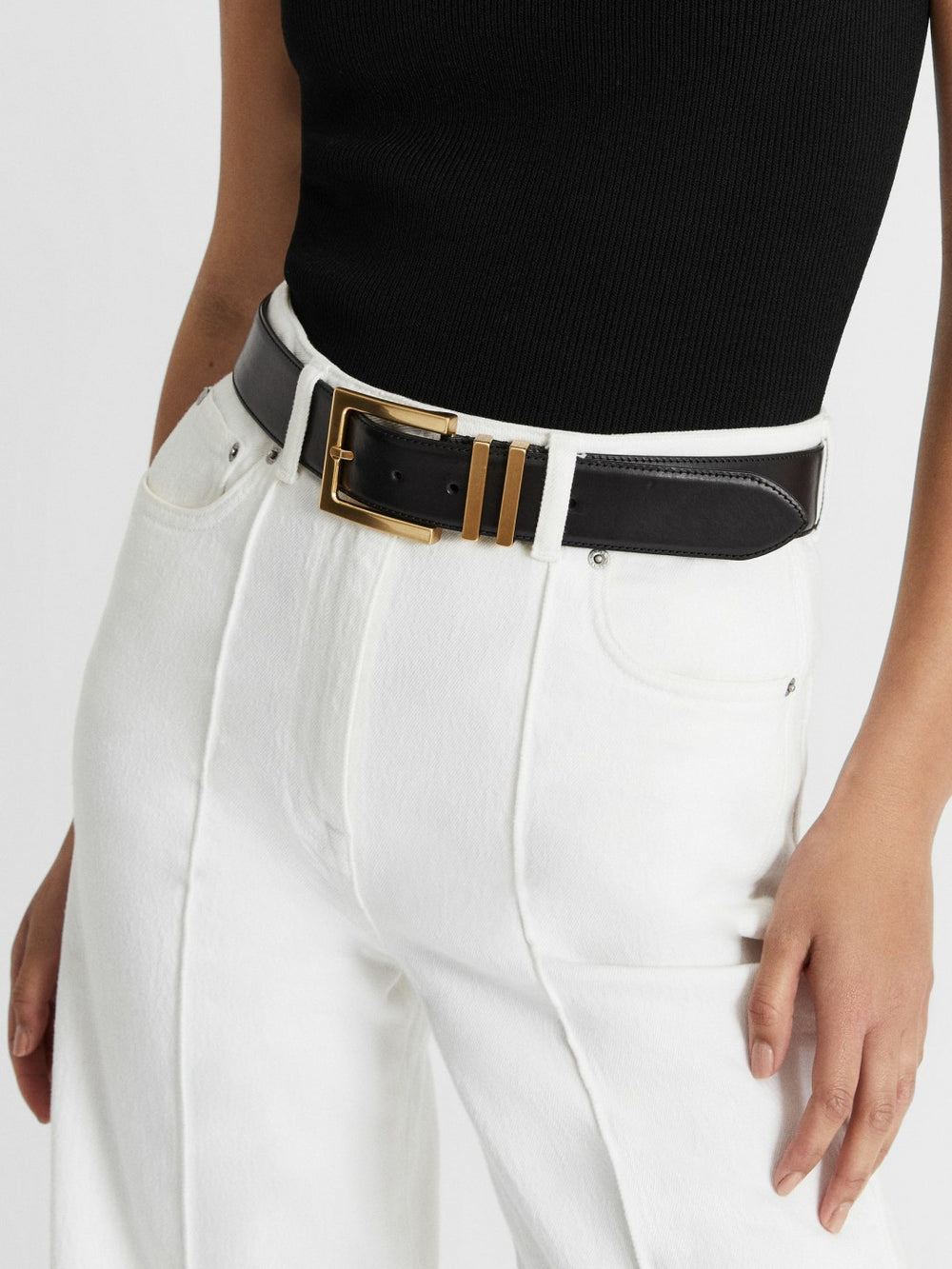 Women Leather Square Buckle Belt in Black
