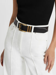 Women Leather Square Buckle Belt in Black