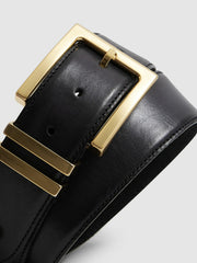 Women Leather Square Buckle Belt in Black
