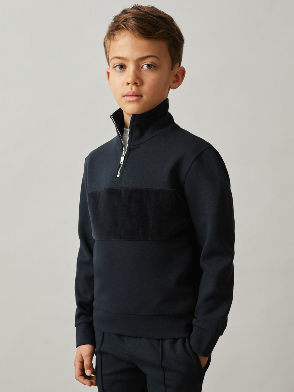 Children & Baby 3-9 yrs Slim Fit Half-Zip Funnel Neck Velour Sweatshirt in Navy