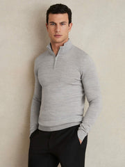 Men Merino Wool Half-Zip Jumper in Soft Grey Mouline