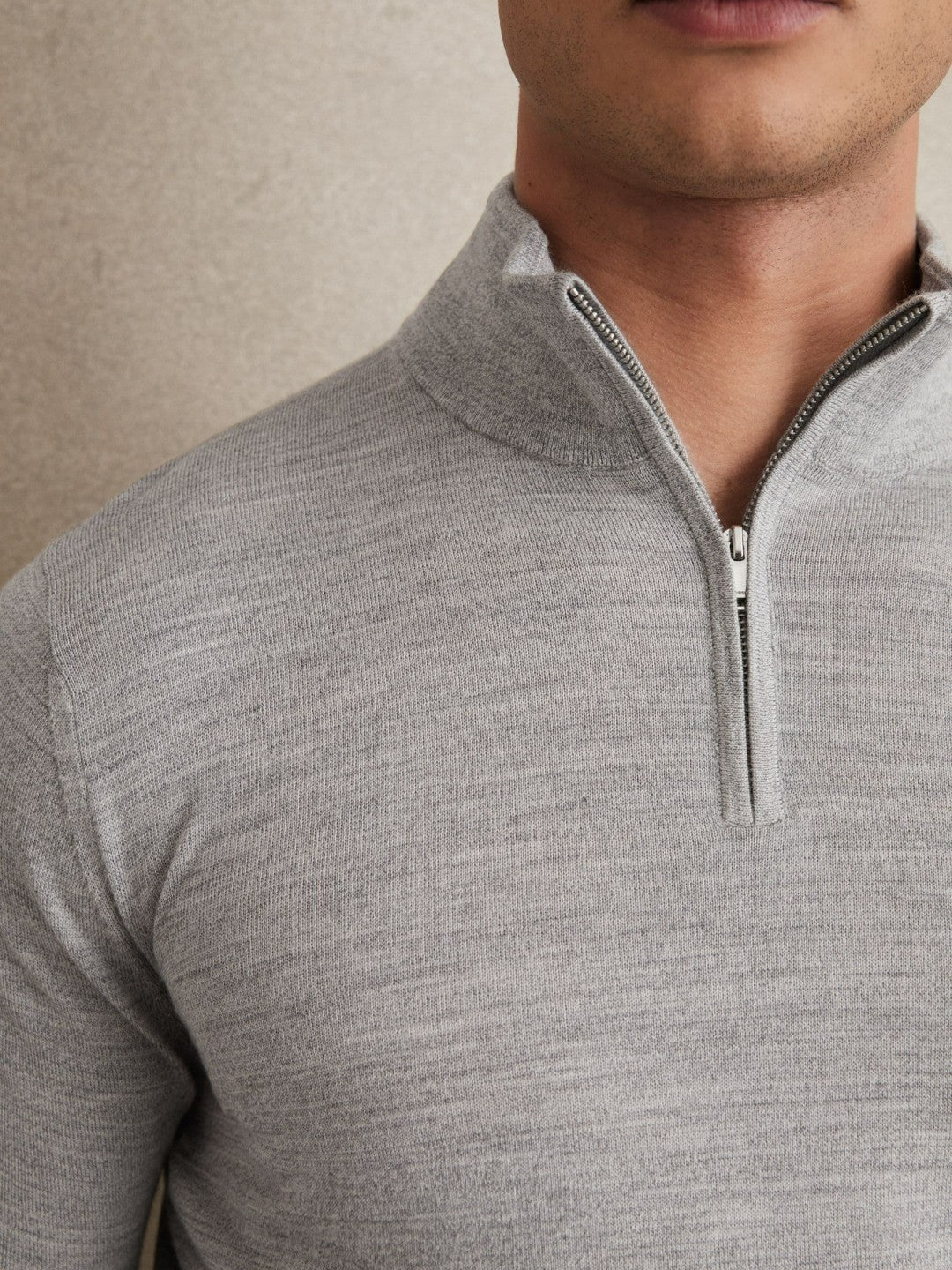 Men Merino Wool Half-Zip Jumper in Soft Grey Mouline