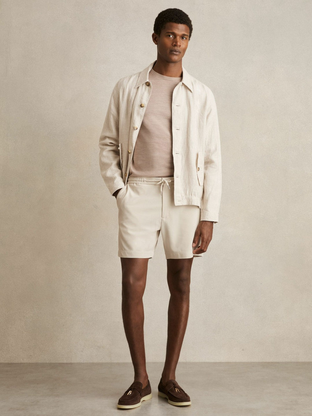 Men Textured Drawstring Shorts in Stone