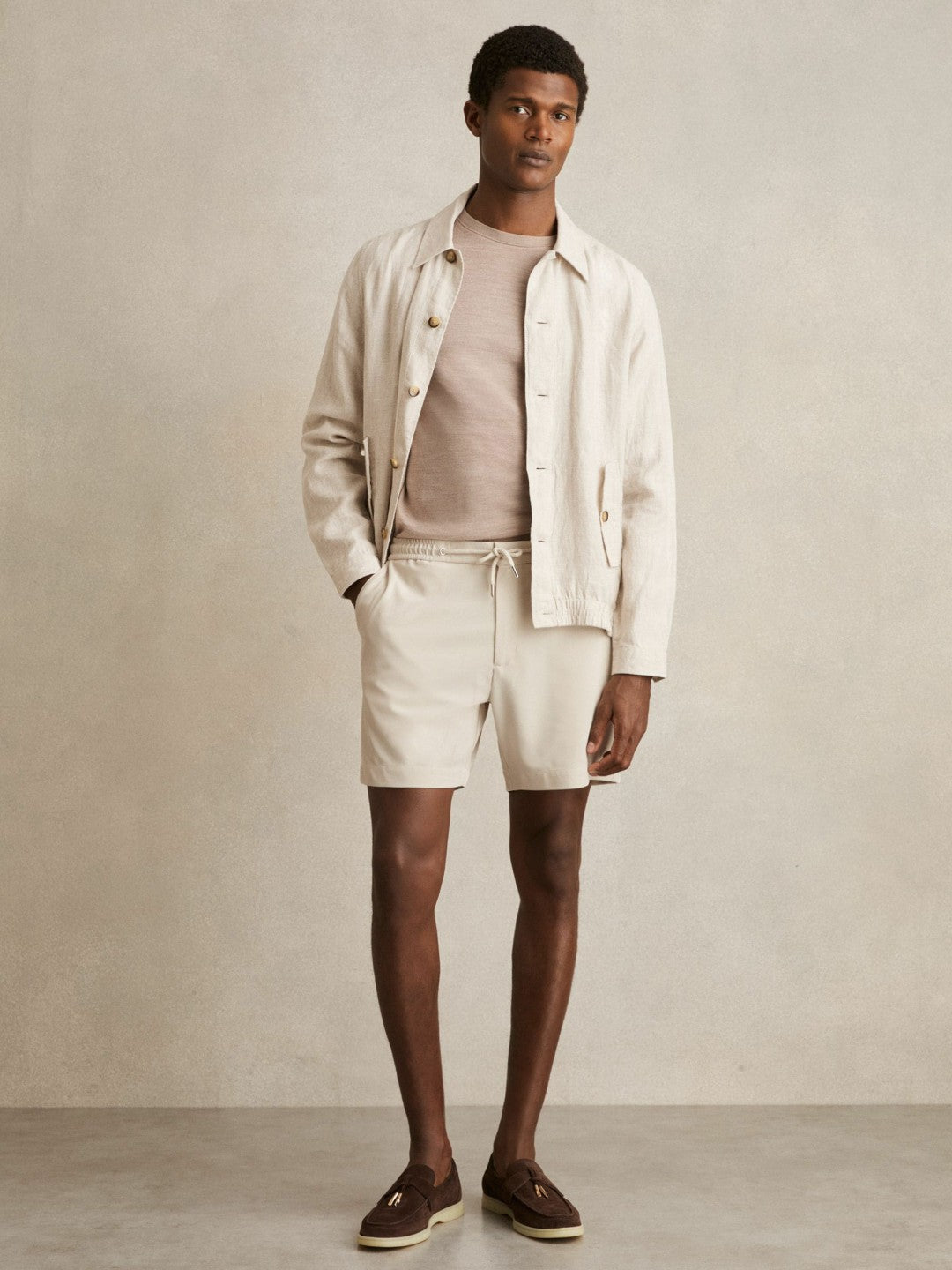 Men Textured Drawstring Shorts in Stone
