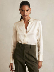 Women Silk-Satin Concealed-Placket Shirt in Ivory
