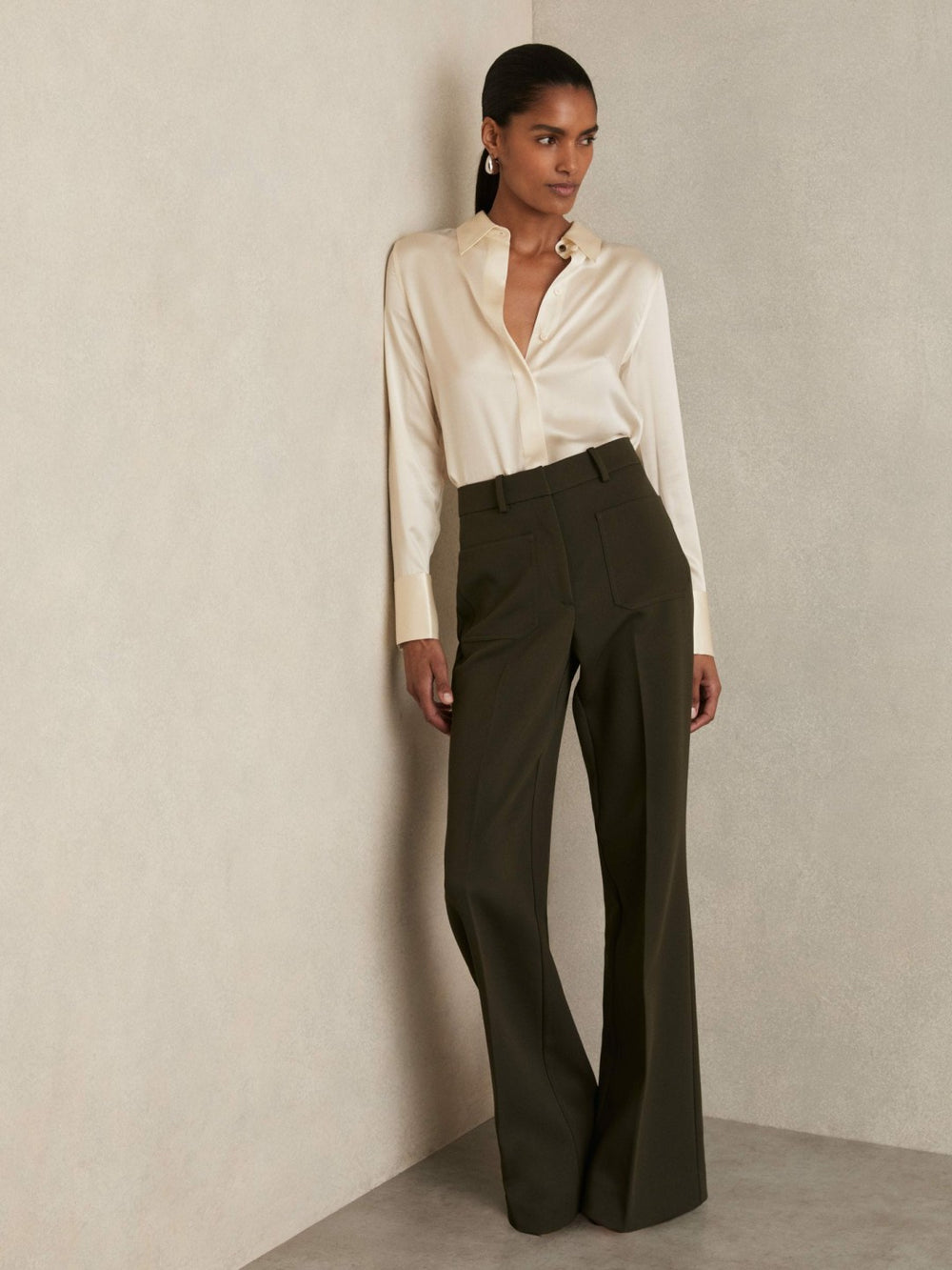 Women Silk-Satin Concealed-Placket Shirt in Ivory