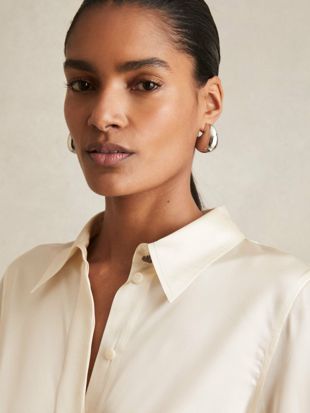 Women Silk-Satin Concealed-Placket Shirt in Ivory