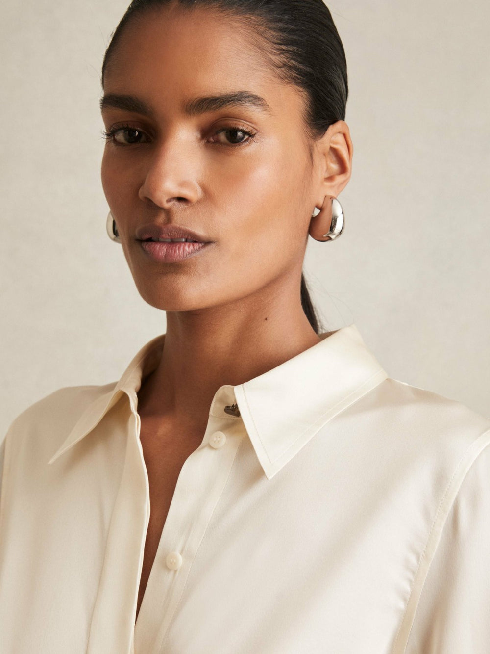 Women Silk-Satin Concealed-Placket Shirt in Ivory