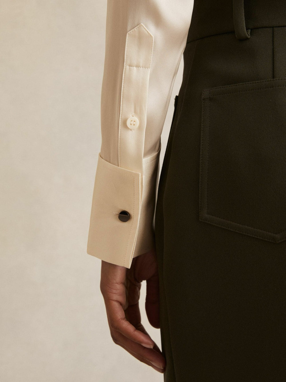 Women Silk-Satin Concealed-Placket Shirt in Ivory