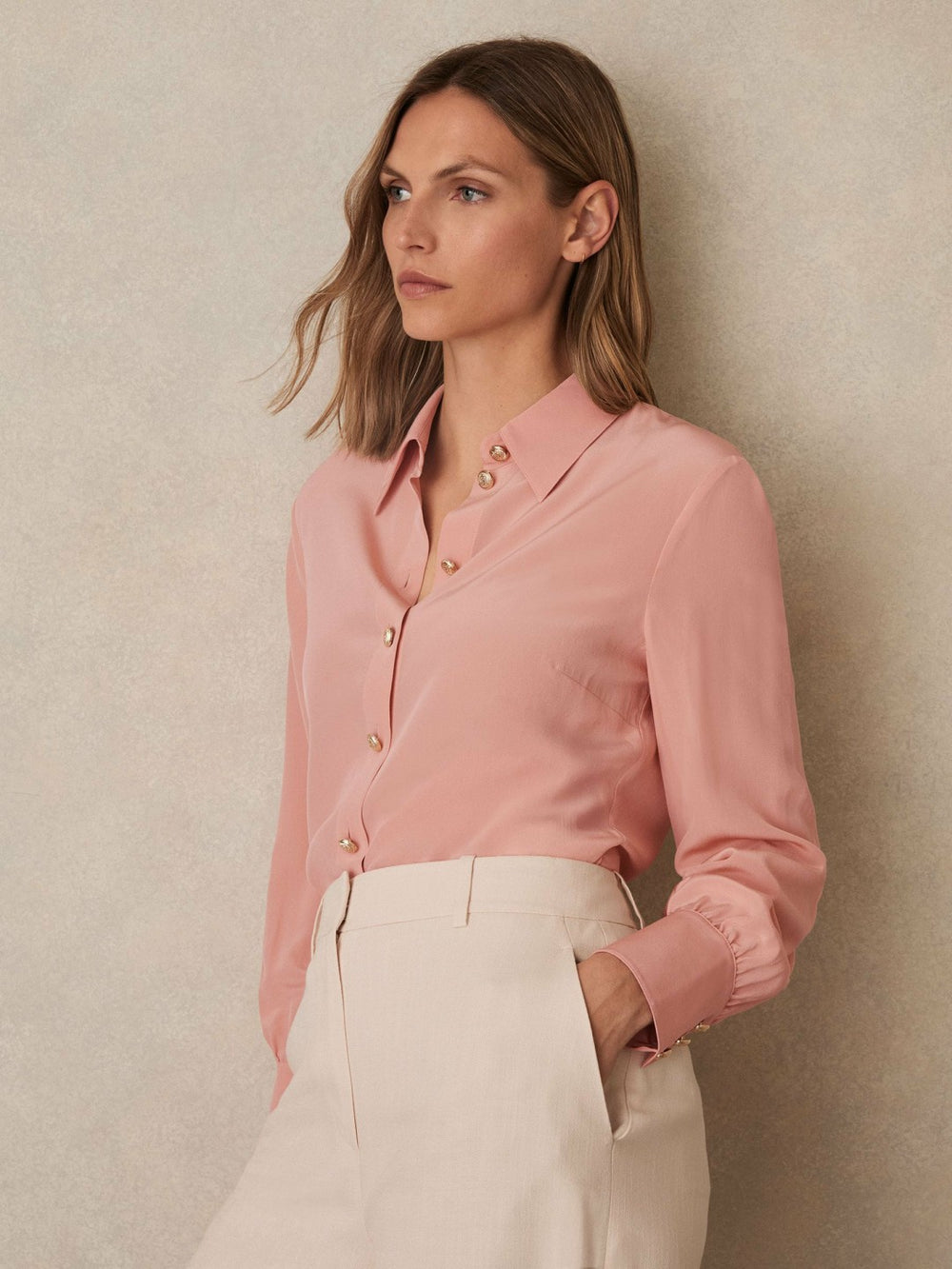 Women Silk Embossed-Button Shirt in Pink
