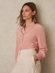 Women Silk Embossed-Button Shirt in Pink