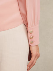 Women Silk Embossed-Button Shirt in Pink