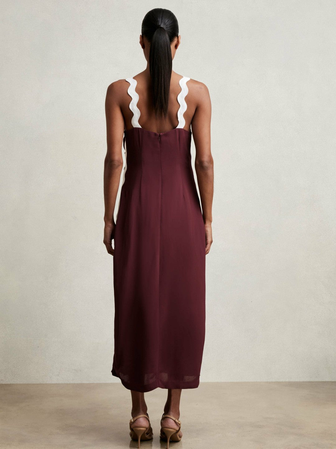 Women Wave-Trim Crepe Midi Dress in Burgundy