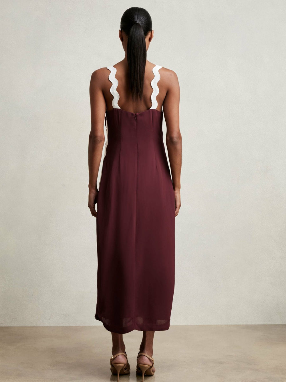 Women Wave-Trim Crepe Midi Dress in Burgundy