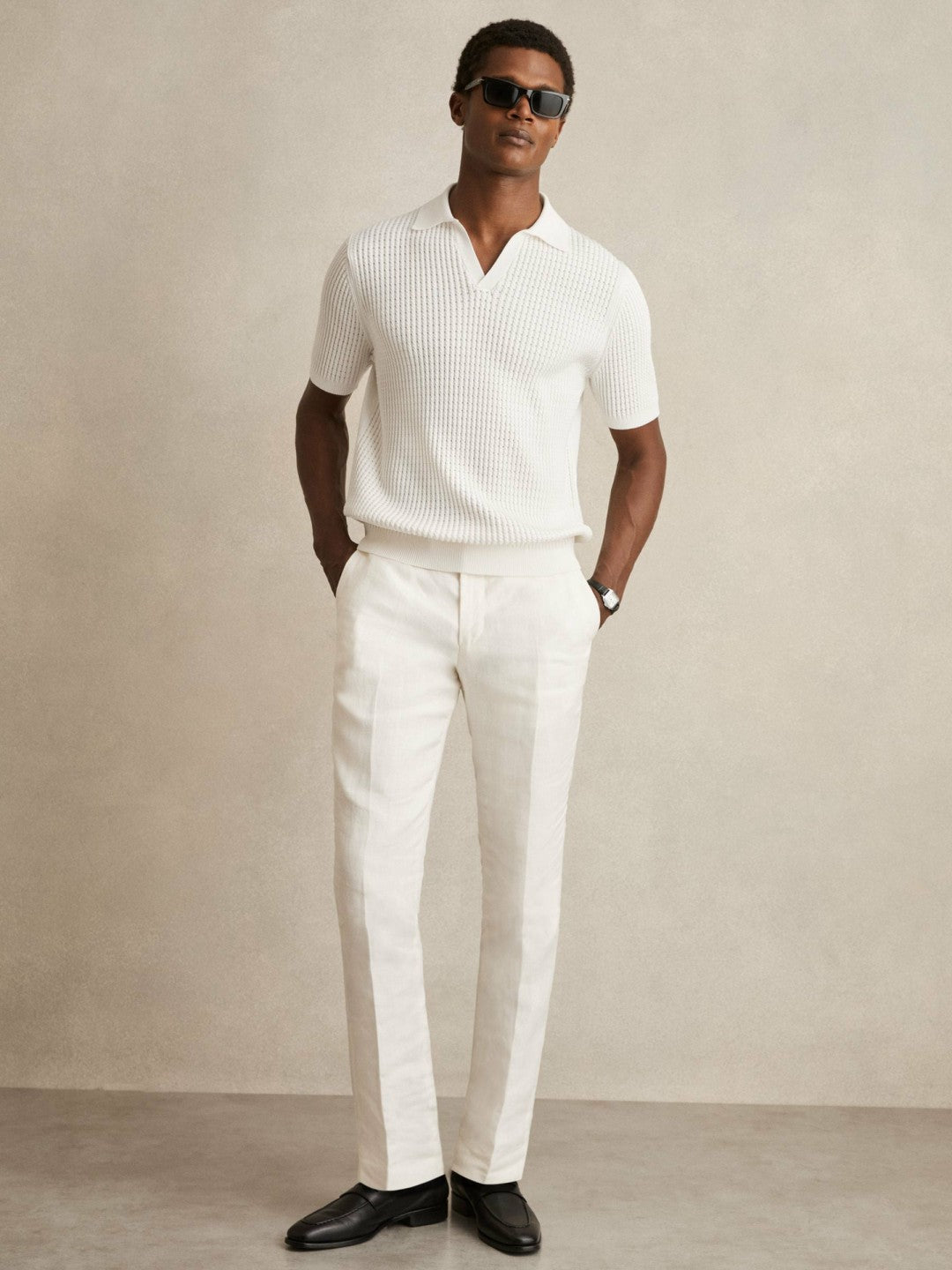 Men Micro-Cable Open-Collar Cotton-Blend Shirt in White