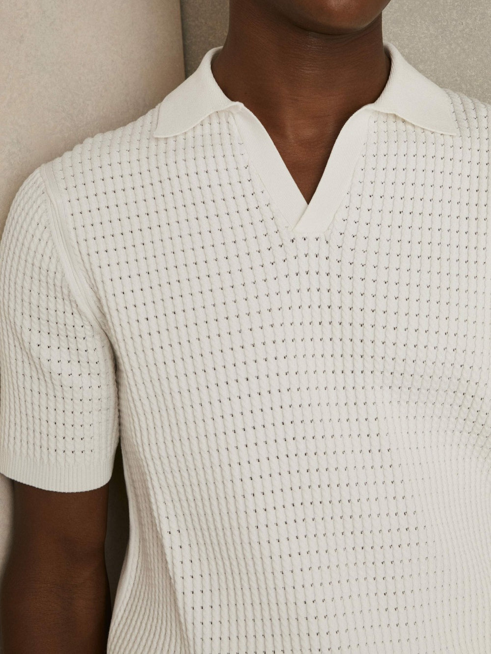 Men Micro-Cable Open-Collar Cotton-Blend Shirt in White