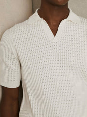 Men Micro-Cable Open-Collar Cotton-Blend Shirt in White