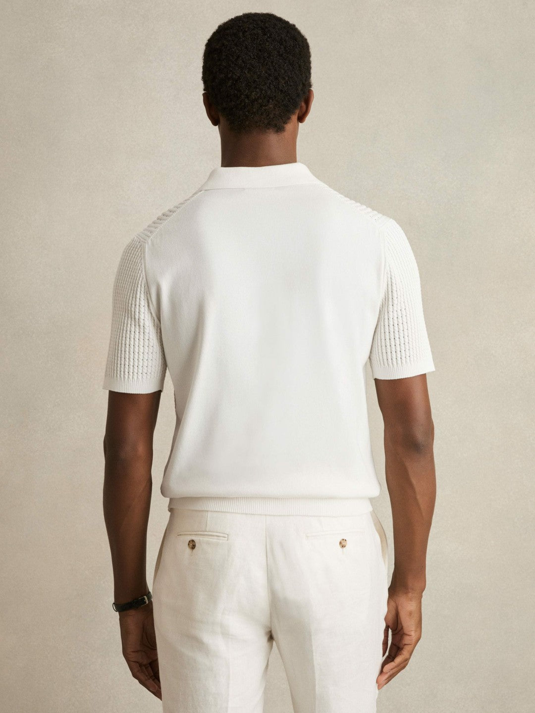 Men Micro-Cable Open-Collar Cotton-Blend Shirt in White