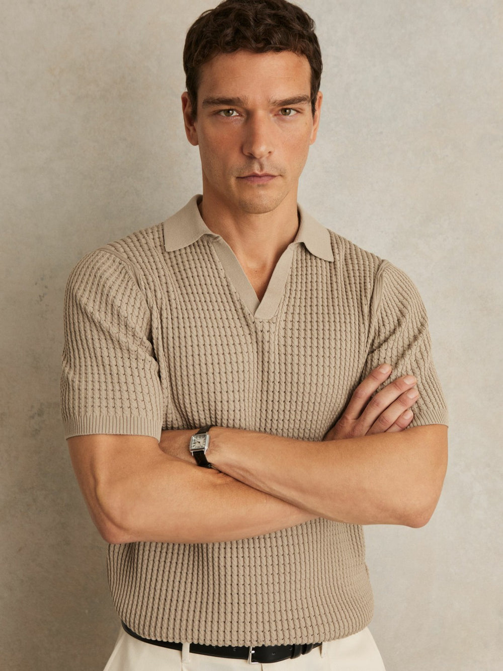 Men Micro-Cable Open-Collar Cotton-Blend Shirt in Light Camel Brown