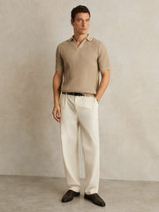 Men Micro-Cable Open-Collar Cotton-Blend Shirt in Light Camel Brown