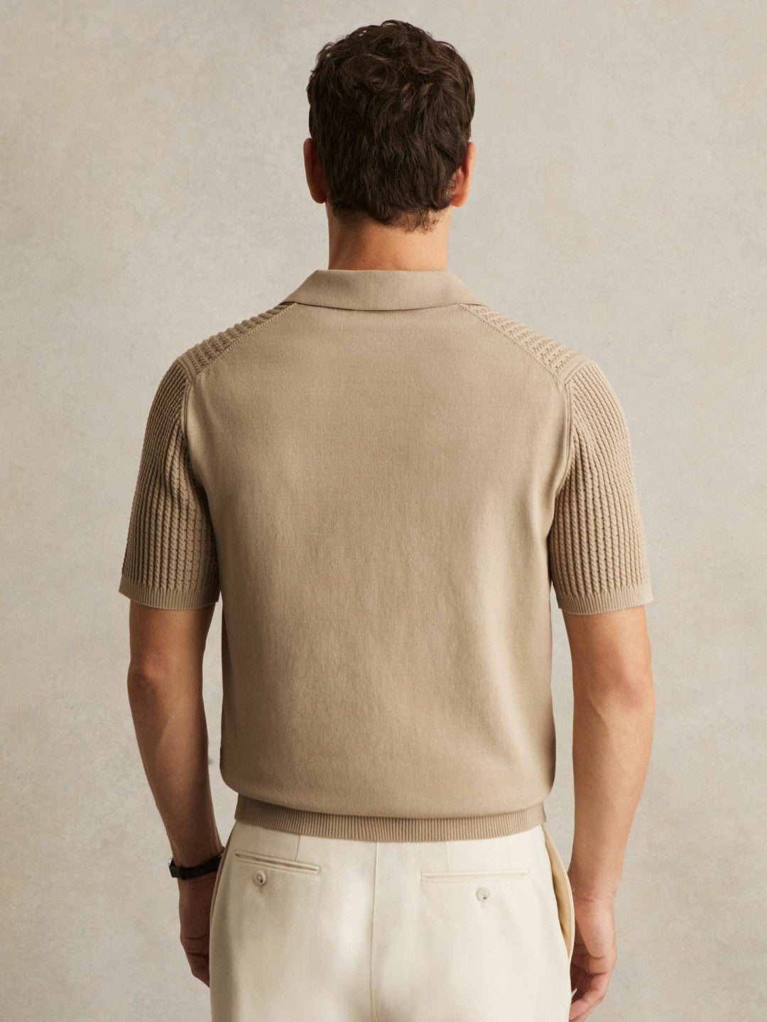 Men Micro-Cable Open-Collar Cotton-Blend Shirt in Light Camel Brown