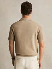 Men Micro-Cable Open-Collar Cotton-Blend Shirt in Light Camel Brown