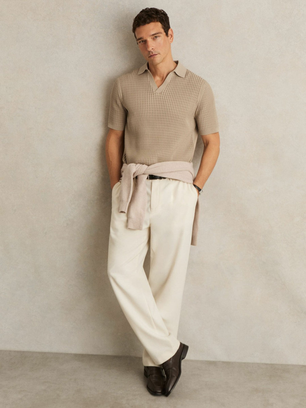 Men Micro-Cable Open-Collar Cotton-Blend Shirt in Light Camel Brown