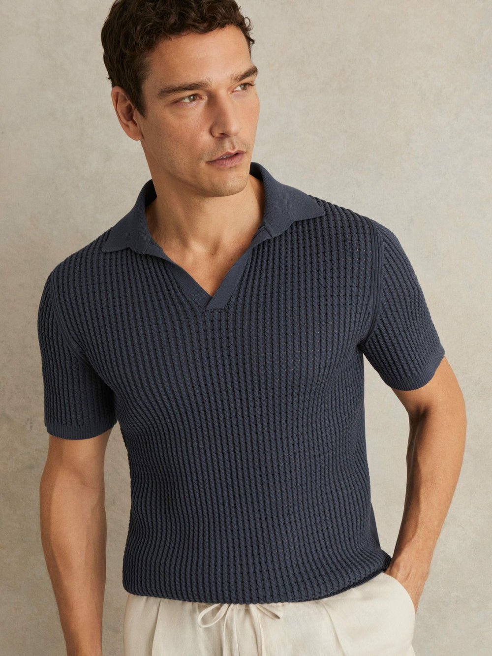 Men Micro-Cable Open-Collar Cotton-Blend Shirt in Dark Airforce Blue