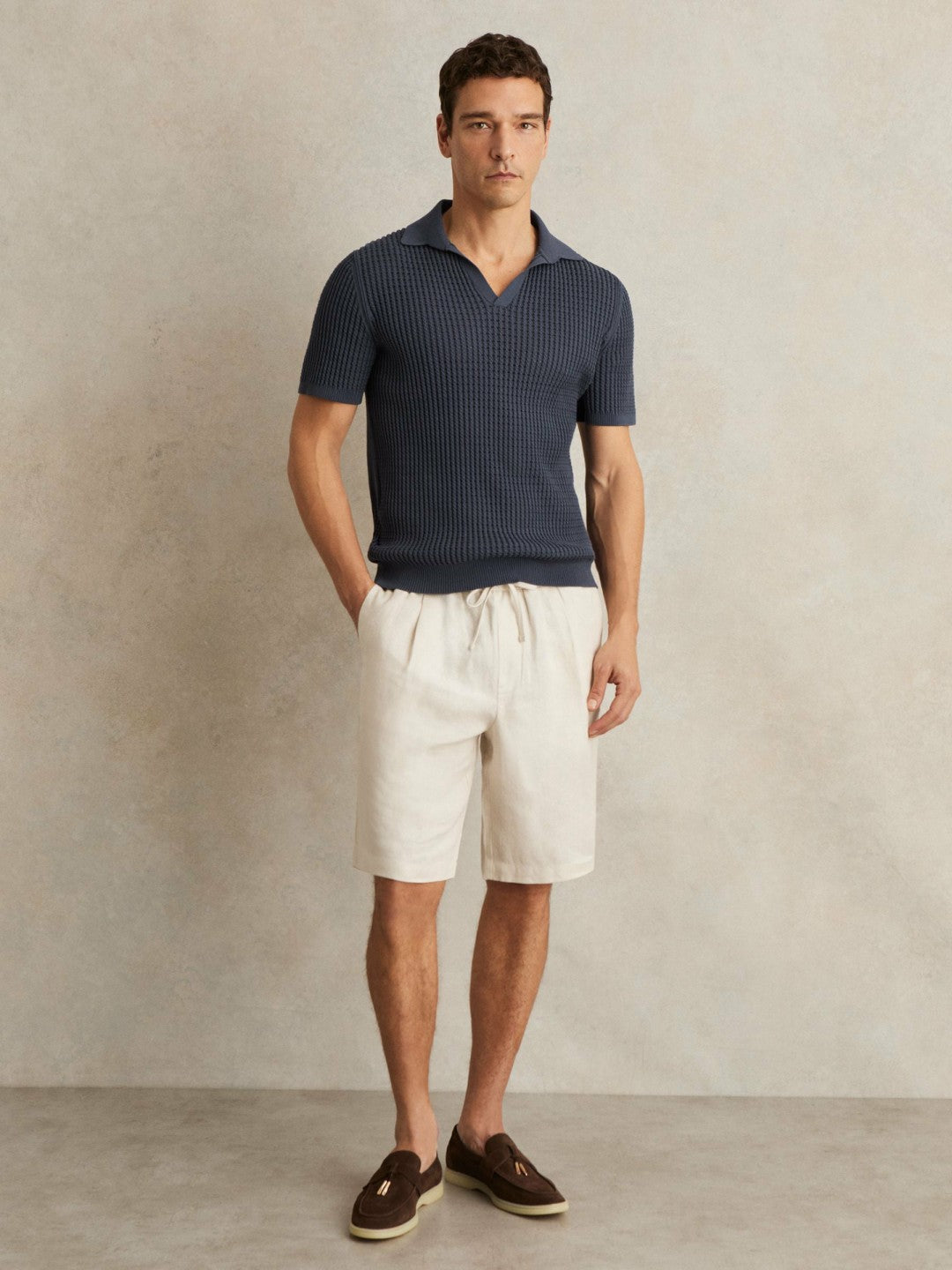 Men Micro-Cable Open-Collar Cotton-Blend Shirt in Dark Airforce Blue