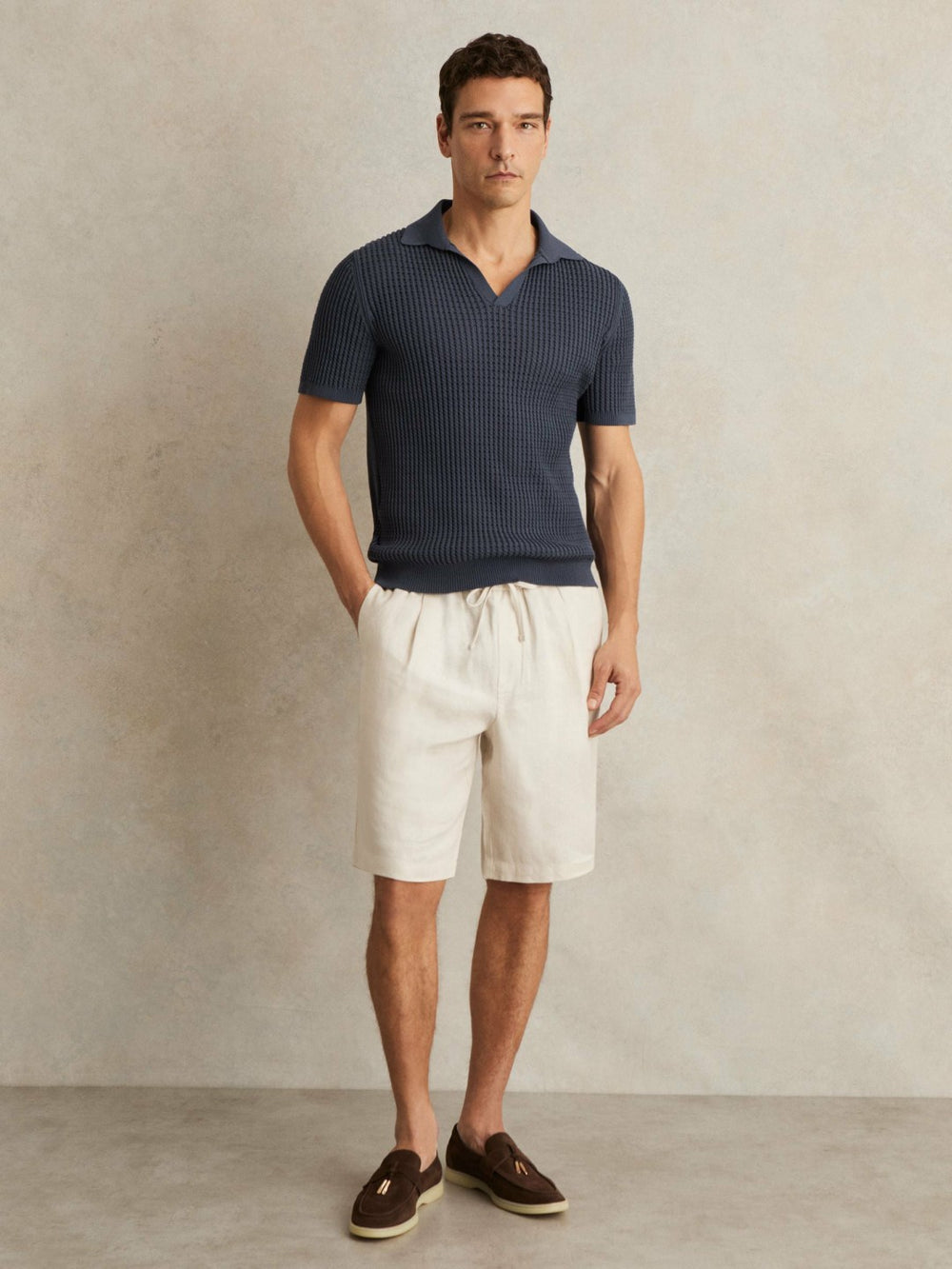Men Micro-Cable Open-Collar Cotton-Blend Shirt in Dark Airforce Blue
