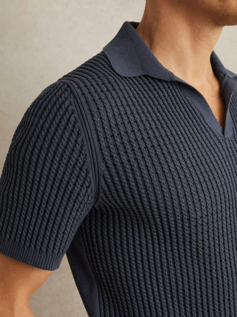Men Micro-Cable Open-Collar Cotton-Blend Shirt in Dark Airforce Blue