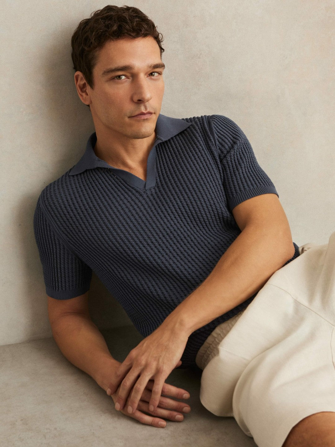 Men Micro-Cable Open-Collar Cotton-Blend Shirt in Dark Airforce Blue