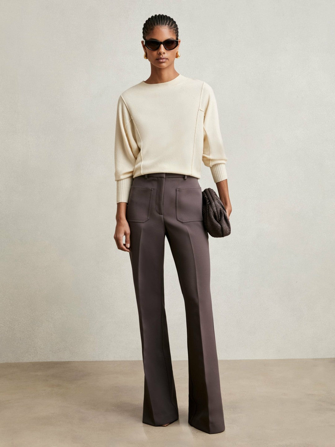 Women Wool-Blend Reverse-Seam Batwing Jumper With Cashmere in Cream